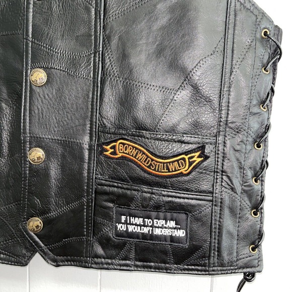 Diamond Plate Buffalo Leather Retro Black Biker Patch Motorcycle Vest Mens Sz L - Picture 4 of 16